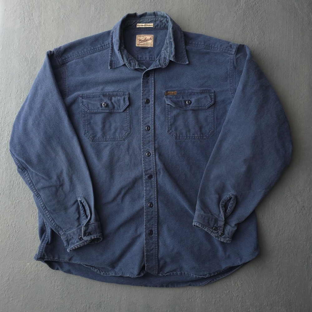 Vintage 90s Woolrich Blue Expedition Chamois Shirt XL Tall Heavyweight Cotton